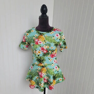 Doublju Womens Pineapple Floral Blue Floral Short Sleeve Shirt Peplum Stretch XL